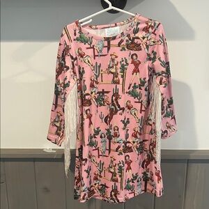 Cowgirl Print Pink Kids Dress with Fringe